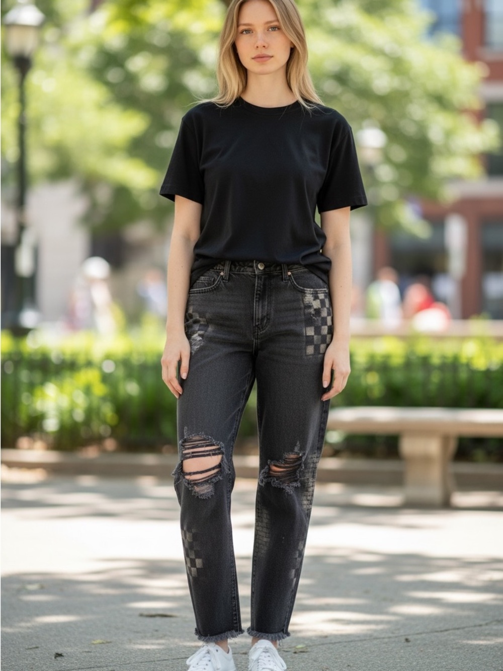 SO Up cycled Black Distressed mom jeans, Checker and brick, Straight-Leg Jeans